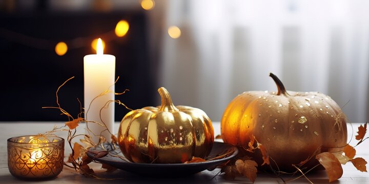 osm flask with gold lamp and white candle on table, gold and yellow style, generative ai.