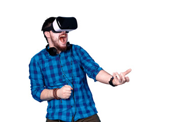 bearded man in glasses of virtual reality, emotionally playing shooters in VR isolated on transparent background
