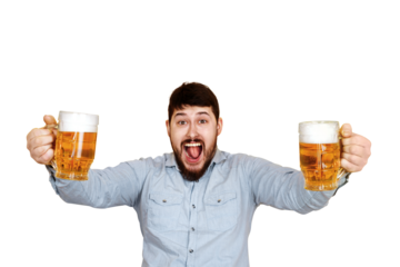 cheerful man with two  glasses of beer, isolated on transparent background