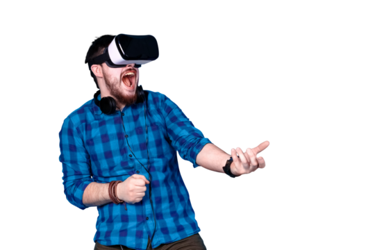bearded man in glasses of virtual reality, emotionally playing shooters in VR isolated on transparent background