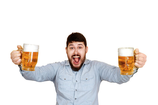 cheerful man with two  glasses of beer, isolated on transparent background