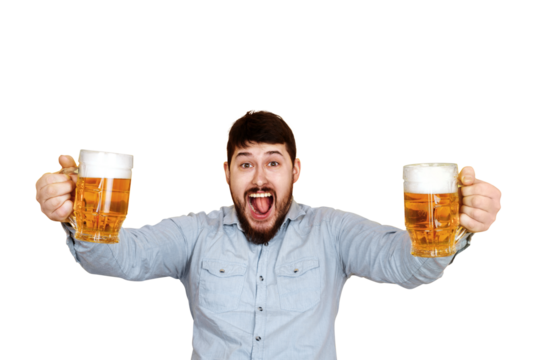 cheerful man with two glasses of beer, isolated on transparent background - Powered by Adobe