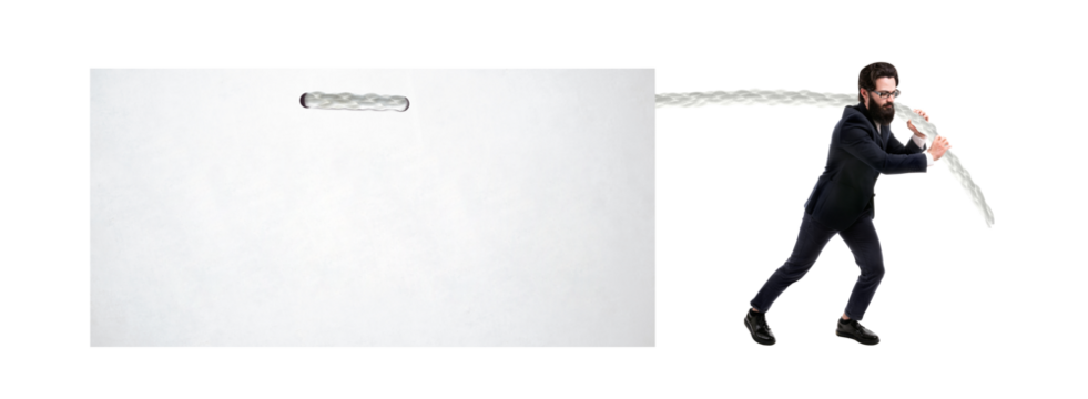 Businessman pulling banner isolated on transparent background