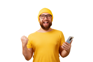 man holding phone isolated on transparent background,, winner concept