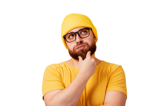 thinking bearded man looking up isolated on transparent background,