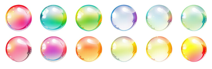 Set of realistic transparent colourful soap bubbles isolated on transparent background