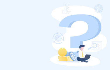 FAQ Frequently asked questions concept. Big question mark symbol. Business people strategy planning, looking analysis, investigate, evaluation. Flat vector design illustration with copy space.