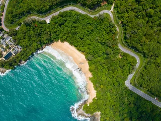 Gordijnen Aerial view seashore with mountains at Phuket Thailand, Beautiful seacoast view at open sea in summer season,Nature recovered Environment and Travel background © panya99