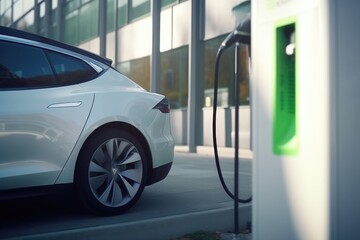 Fototapeta premium Power supply plugs into electric vehicle to charge battery . EV fuel Plug in hybrid car.