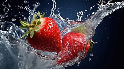 strawberry fruit sinking in water with water splashes