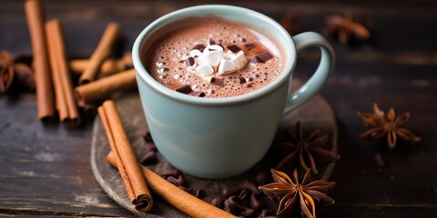 blue hot chocolate on a wooden table with cinnamon sticks, whipped cream, and cinnamon, in smooth curved style, dark sky blue and brown, generative ai.