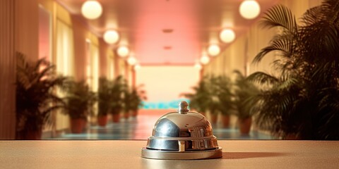 the bell stands on the table, with a majestic environmental style, retro visuals, dreamlike architecture, back button focus, generative ai.