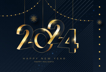 Happy New Year 2024 gold numbers typography greeting card design on dark background. Merry Christmas invitation poster with golden decoration elements.
