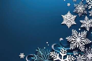 Fototapeta na wymiar Merry Christmas and Happy New Year greeting card design with paper cut snowflakes with copy space. Seasonal holidays paper art banner. Generative AI