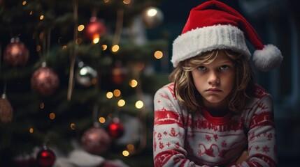 Depressed kid in christmas time. A sad child in a Christmas atmosphere
