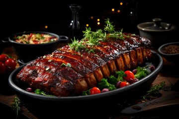 A sumptuous feast awaits with tender roasted meat on ribs laid meticulously on a plate