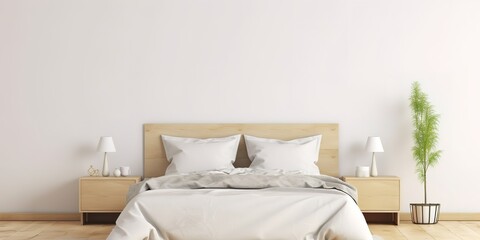 white bed with pillows, sheets and lamps on the side, with a minimalist background style of light brown and cream, generative ai.