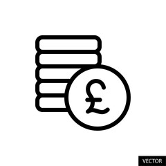 Coins stack, revenue, money with pound sign, pound sterling currency symbol vector icon in line style design for website, app, UI, isolated on white background. Editable stroke. Vector illustration.
