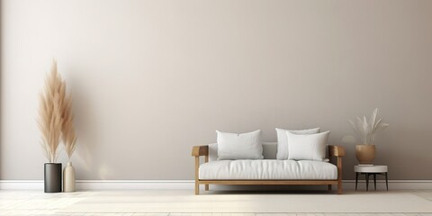 white sofa with a minimalist background style of light brown and cream, generative ai.