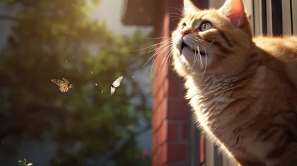 Fotobehang A playful, adorable cat, eyes focused intently, tries to catch a darting fly in a lively chase scene. Generative AI. © Sebastián Hernández