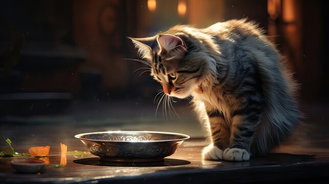 A beautiful cat gracefully laps up milk from a dish, its whiskers twitching with every sip, a serene moment captured. Generative AI.