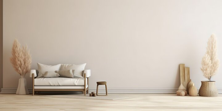 white sofa with a minimalist background style of light brown and cream, generative ai.