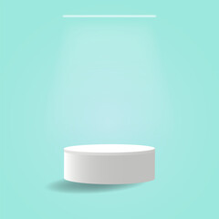 Abstract 3D room with realistic white cylinder pedestal podium set and palm Minimal scene for product display presentation. Vector geometric platform. Stage for showcase.