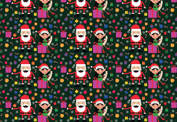 Festive dark green Christmas pattern with Santa Claus, helpers, baubles, snowflakes and gifts. Ideal for fabrics and paper prints.
