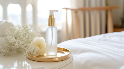 Naklejka premium Cosmetic product packaging template with pump on white interior background with elegant flowers. Mockup of bottle facial care gel for delicate moisturizing.