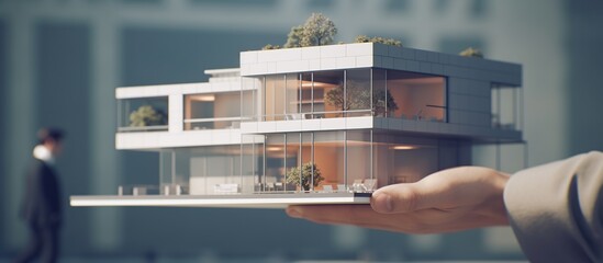 businessman is holding an architectural model of house - obrazy, fototapety, plakaty