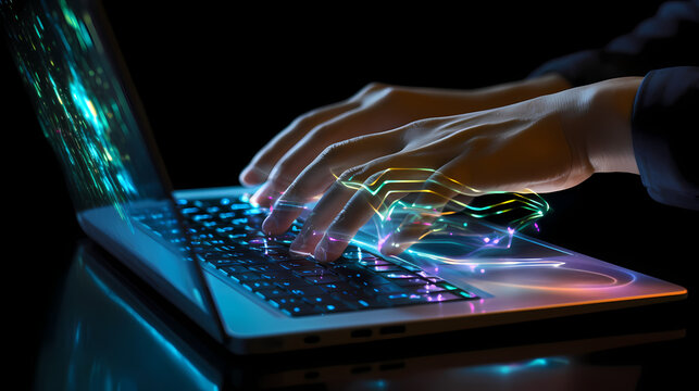 a close up of a person typing on a holographic keyboard