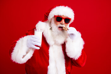 Portrait of hungry good mood satisfied santa claus in stylish sunglass eat cookie holding glass of milk isolated on red color background