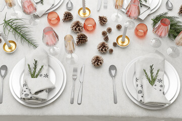 Fototapeta na wymiar Beautiful table setting for Christmas dinner, flat lay. 3D render