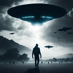 Black view of man locking at alien invasion, UFO flying in the sky - obrazy, fototapety, plakaty