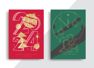 Happy New Year 2024 posters. Greeting vintage cards with Holiday typography. Vector