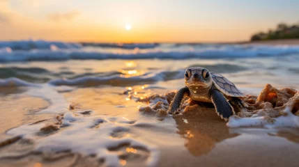 Foto op Plexiglas Baby Leatherback sea turtle crawling up the beach in order to reach the ocean. © NorLife