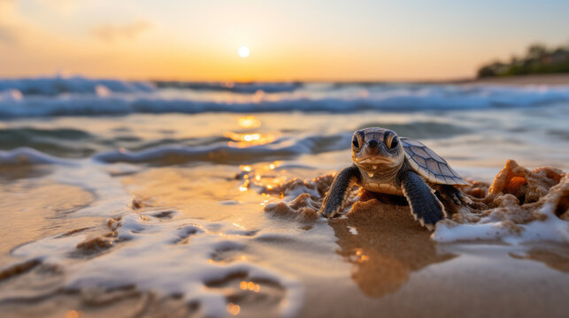 Baby Leatherback sea turtle crawling up the beach in order to reach the ocean.
