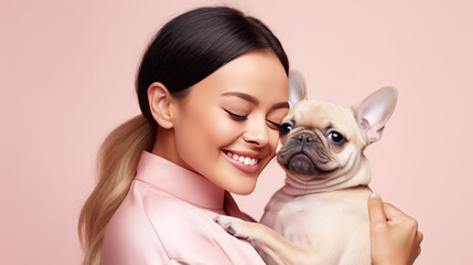 A smiling Asian woman hugging French bulldog. Communication with pets. Adorable dog with his master spending time together. Studio photo on light pink background