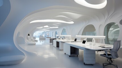 Bright, white minimalist office space designed for unique ideas and teamwork, fostering an agile mindset in processes and collaboration. Generative AI.
