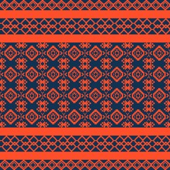 Geometric ethnic pattern with various repeated elements including floral border, traditional background, pixel art style, cross stitch design, embroidery, for decoration, fabric, home decor.