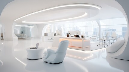 Bright, white minimalist office space designed for unique ideas and teamwork, fostering an agile mindset in processes and collaboration. Generative AI.
