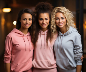 Three young slim women in hoodies, sportswear and pants are ready for sport exercises in gym