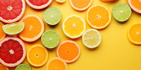 orange fruit slices yellow background, generative ai..