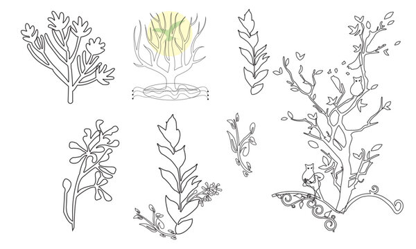 Line art of vector illustration of different tree. vector line art.