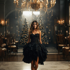 Gorgeous young sexy woman in black evening dress with corset is ready for Christmas night celebration, corporate party on background of hall room decorated for xmas - obrazy, fototapety, plakaty