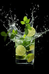 Fototapeta premium Mojito drink wish splash, isolated on black background. Generative ai.