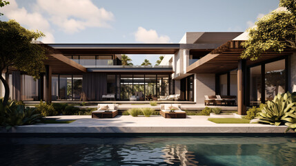 Fototapeta premium Modern house with swimming pool at sunset. Luxury villa