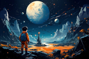 Naklejka premium This cosmic illustration portrays adventurous kids as they journey through the universe