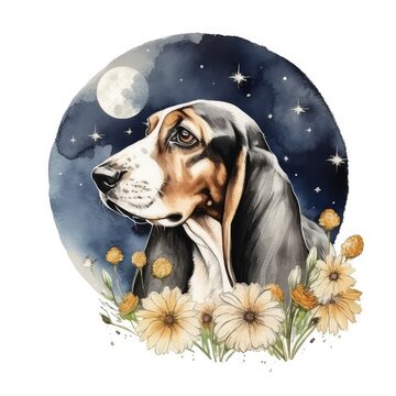Basset Hound dog with moon and flower watercolor