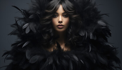 Fashion portrait of beautiful young gorgeous brunette woman with black feather and fur boa